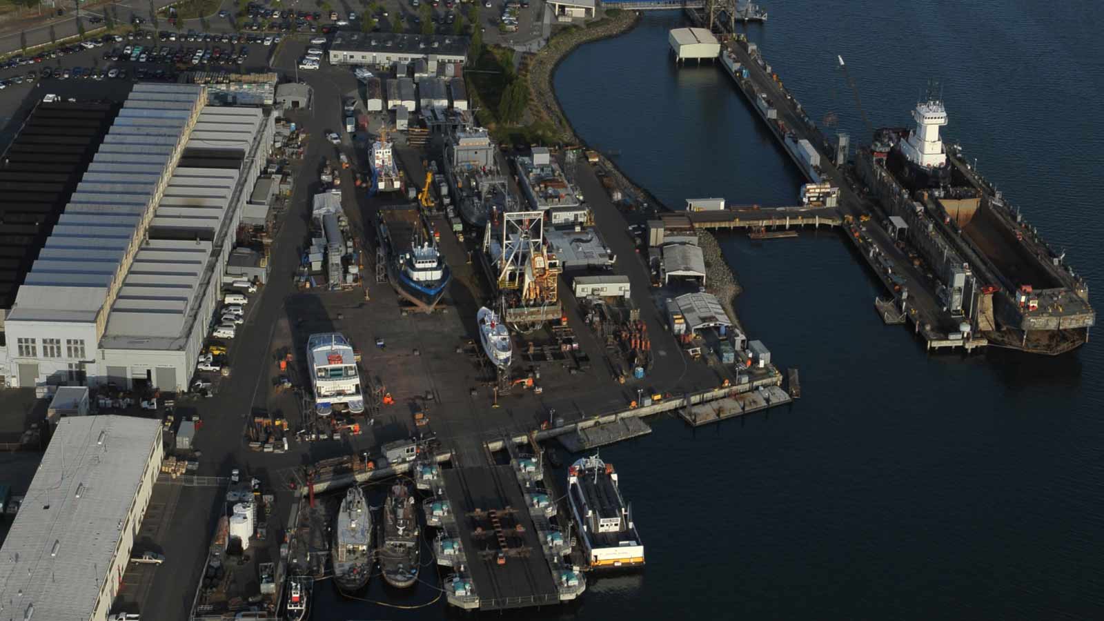 Aerial view of Bay Ship and Yacht Co boatyard
